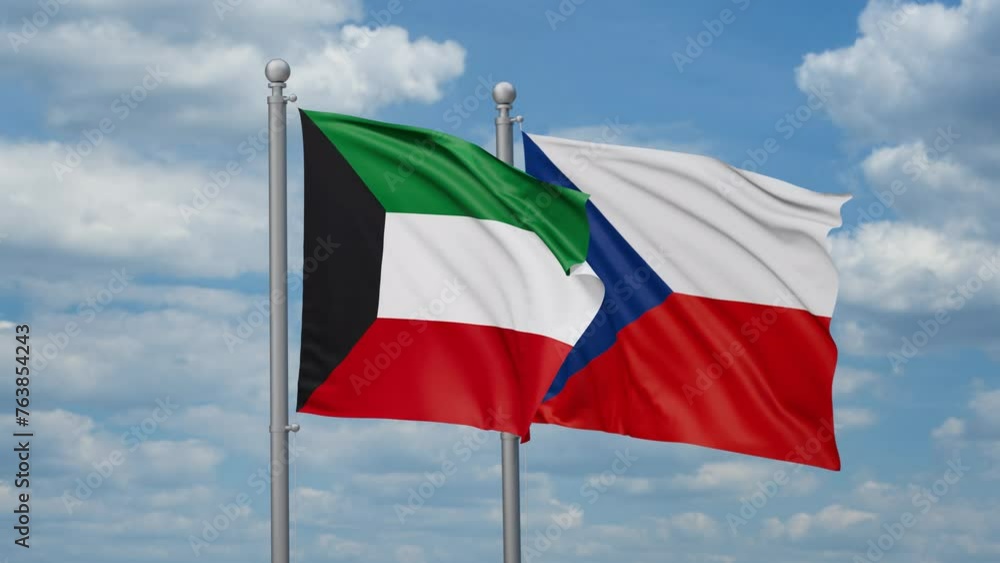 Czech Republic and Kuwait two flags waving together, looped video, two country relations concept Czech Republic and Kuwait two flags waving together, looped video, two country relations concept