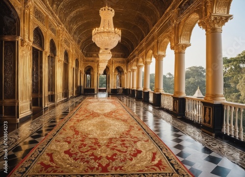 a large hallway with a chandelier and a checkered floor