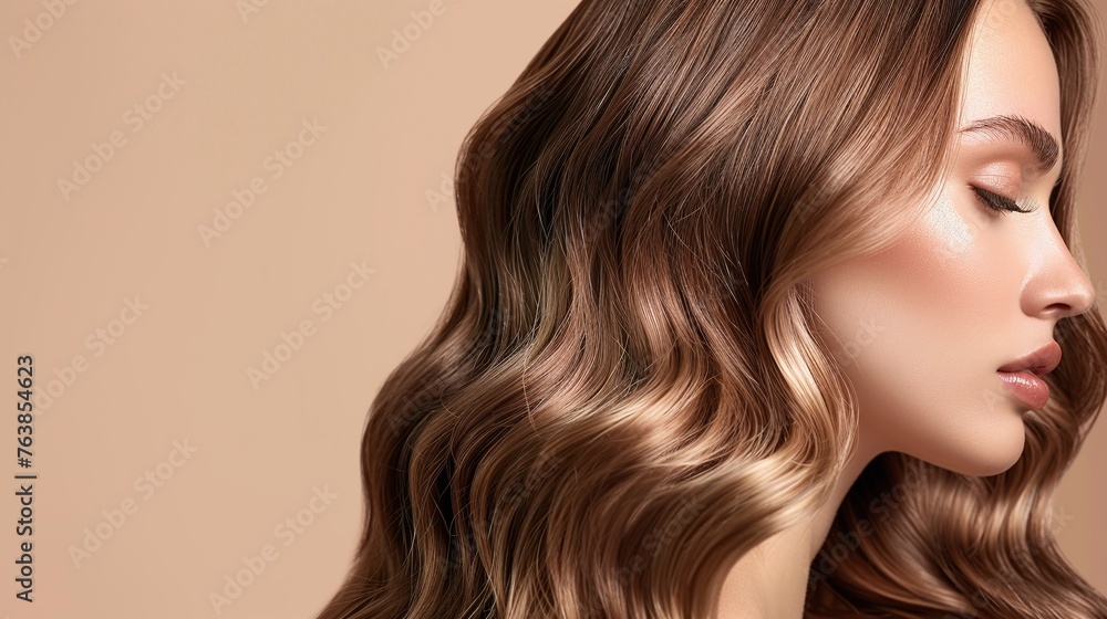profile of beautiful woman with long and shiny wavy hair, beauty model girl with curly hairstyle, fashion, cosmetics, and makeup profile of beautiful woman with long and shiny wavy hair, beauty model girl with curly hairstyle, fashion, cosmetics, and makeup