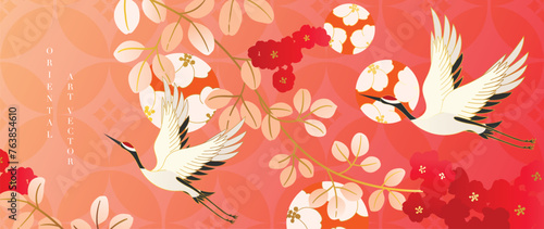 Luxury gold oriental style background vector. Chinese and Japanese wallpaper pattern design of elegant crane bird and flower with gold line texture. Design illustration for decoration, wall decor.