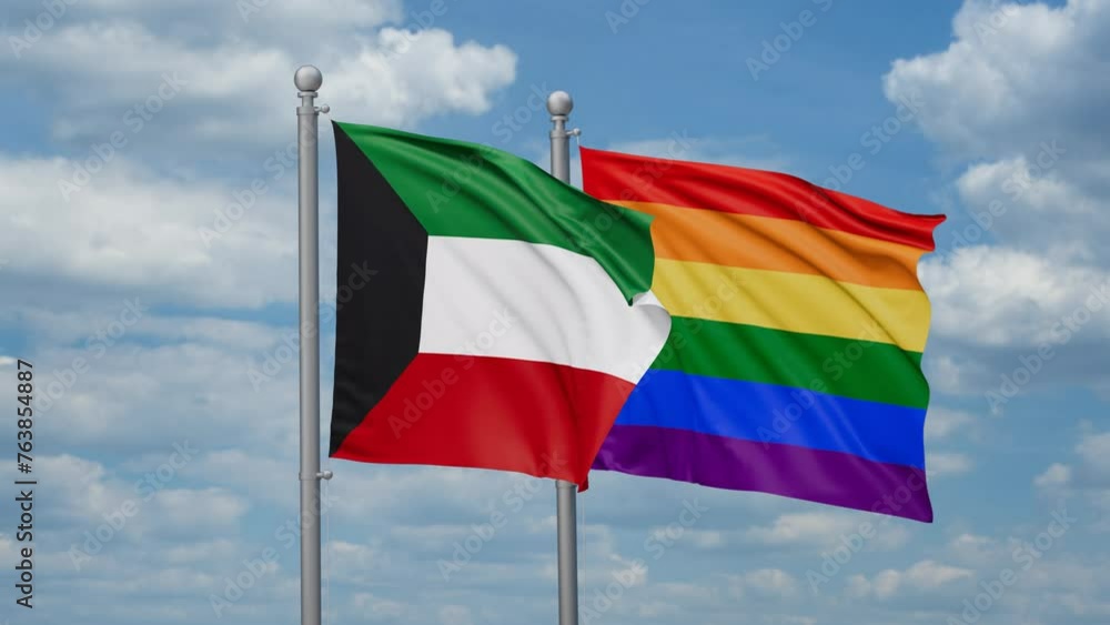 LGBT movement flag also Gay Pride and Kuwait two flags waving cycle looped video, tolerance conception in country LGBT movement flag also Gay Pride and Kuwait two flags waving cycle looped video, tolerance conception in country