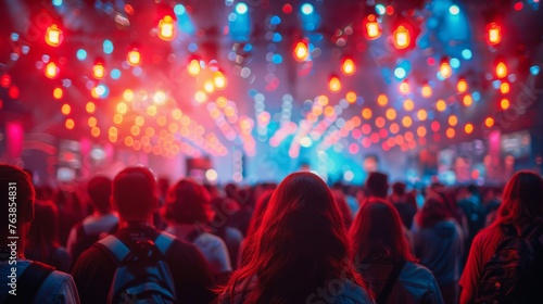 A sea of concertgoers dances under bright stage lights in a celebratory atmosphere ,Event photo