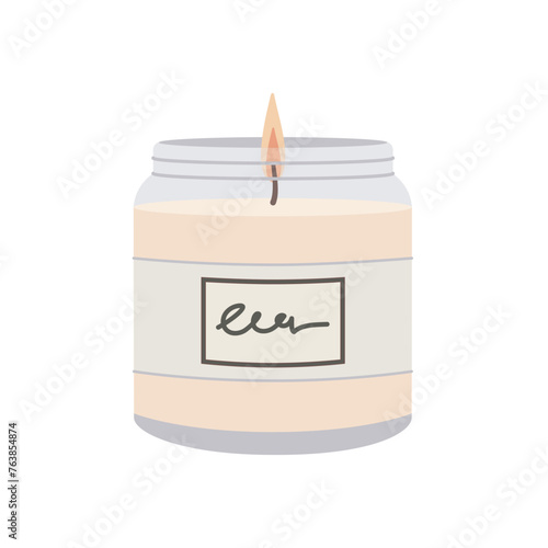 Burning Aromatherapy candle in glass jar with label sticker isolated on white background. Hand drawn Vector illustration. Aroma candle icon. Hand crafted candle. Flat design