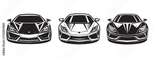 Car front view flat icon set. Sports car silhouette vector design view from front. Outline doodle vector illustration