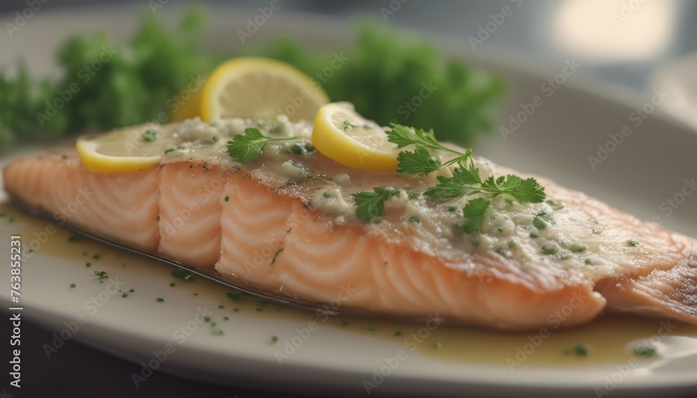 view of salmon sole meuniere with lemon. fillet of red fish. steak trout fried with butter, lemon view of salmon sole meuniere with lemon. fillet of red fish. steak trout fried with butter, lemon