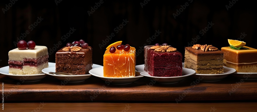 Various cakes displayed on plates on a wooden table