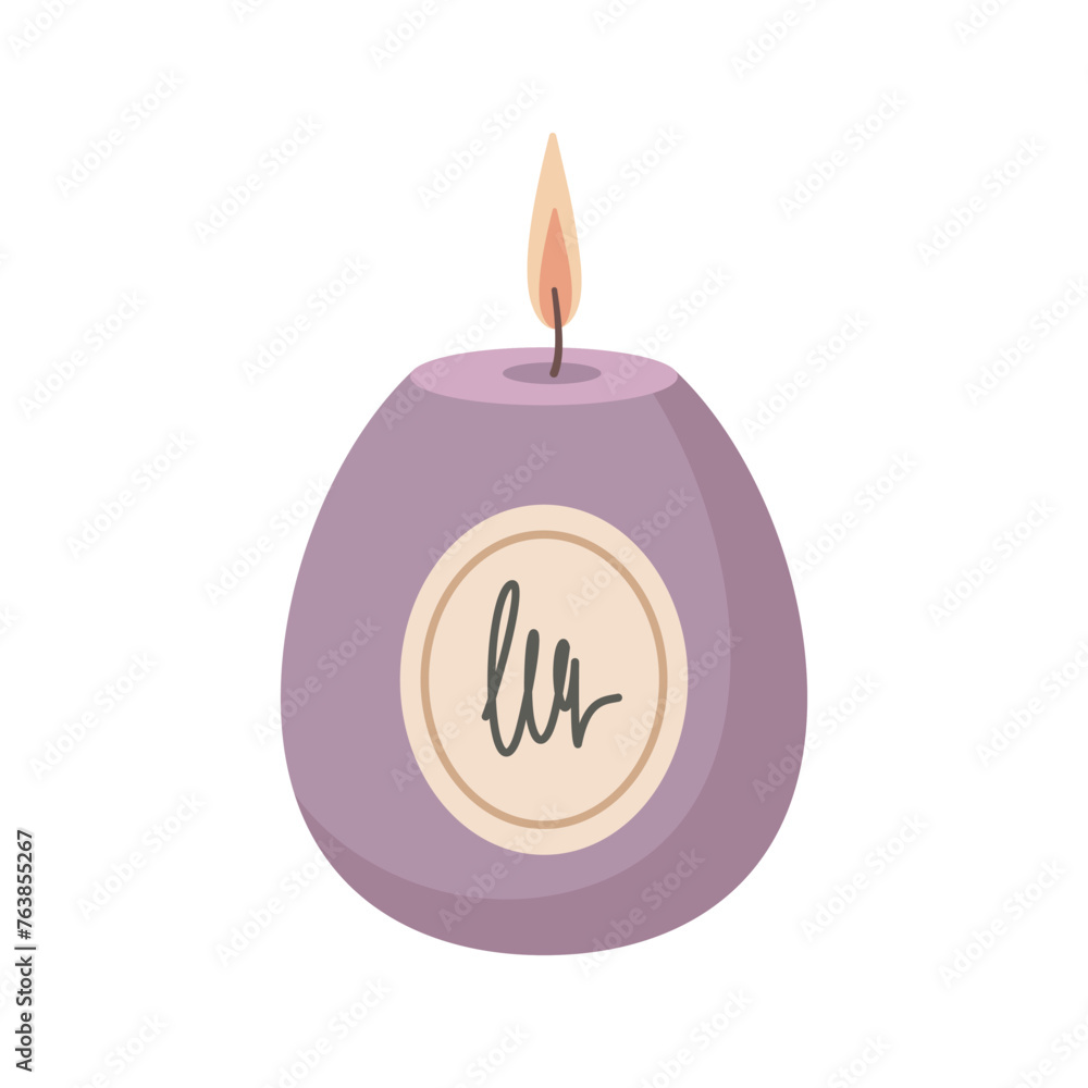 Burning Aromatherapy candle with label sticker isolated on white background. Hand drawn Vector illustration. Aroma candle icon. Hand crafted candle. Flat design Burning Aromatherapy candle with label sticker isolated on white background. Hand drawn Vector illustration. Aroma candle icon. Hand crafted candle. Flat design