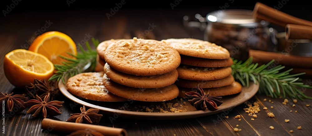 Plate of cookies and orange slices on a table Plate of cookies and orange slices on a table