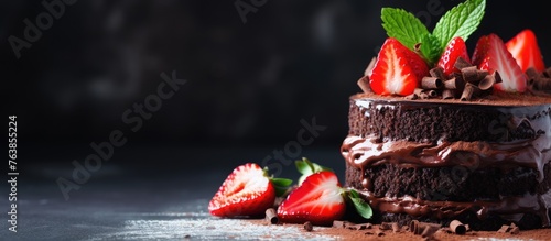 A chocolate cake topped with strawberries