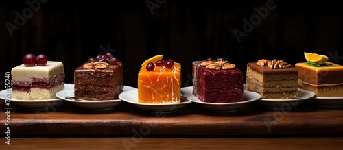 Various cakes displayed on plates on a wooden table