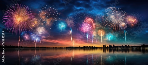 Fireworks burst in the sky above a sunset lake