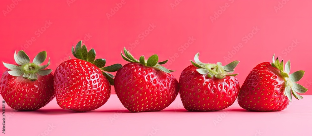 A closeup of a row of strawberries on a pink background A closeup of a row of strawberries on a pink background