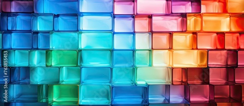 Close up of vibrant glass blocks in a wall