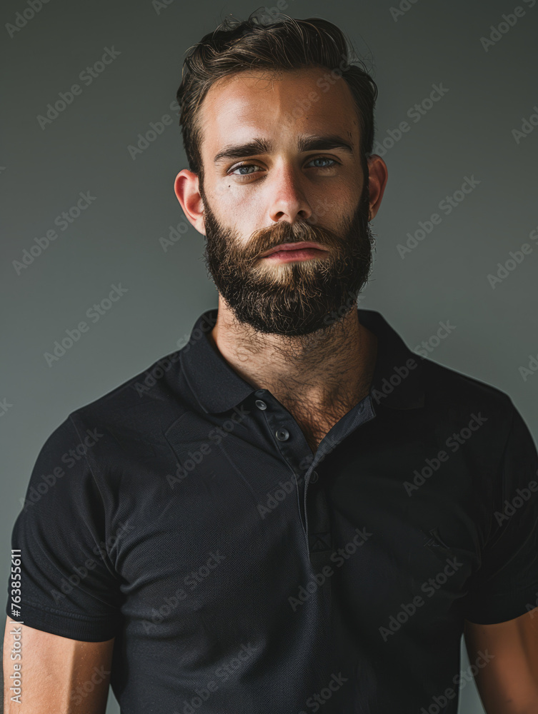 Professional studio portrait of an intense bearded man donning a black polo shirt