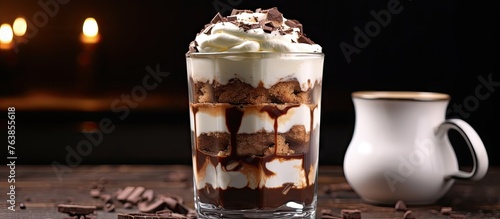 Chocolate dessert in tall glass with whipped cream