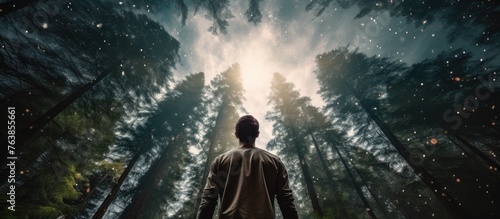 Man standing in pine forest looking up in wonder at the sky