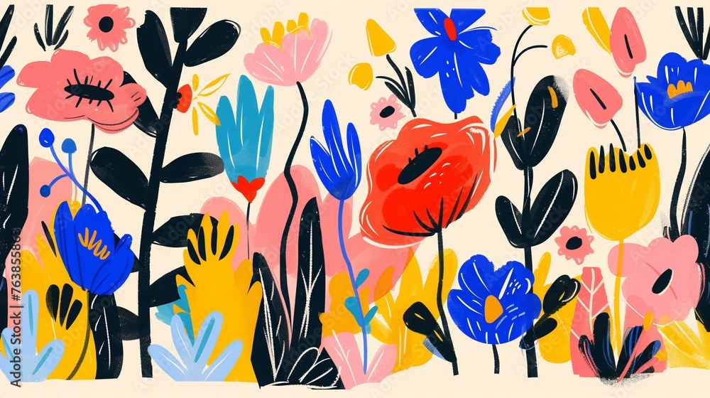squiggle style flat line floral illustration, simple shapes, child like, vibrant colors