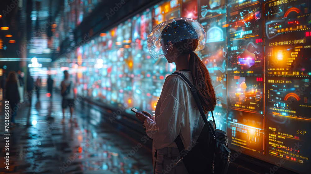 A woman in a glowing futuristic helmet stands in a vivid cityscape filled with neon signs and data interfaces, portraying an advanced cyberpunk scene