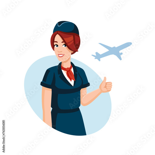 Young smiling stewardess showing thumbs up. Traveling, Air travel, airlines concept, flat design, cartoon style. Vector illustration. Air hostess in airline uniform.