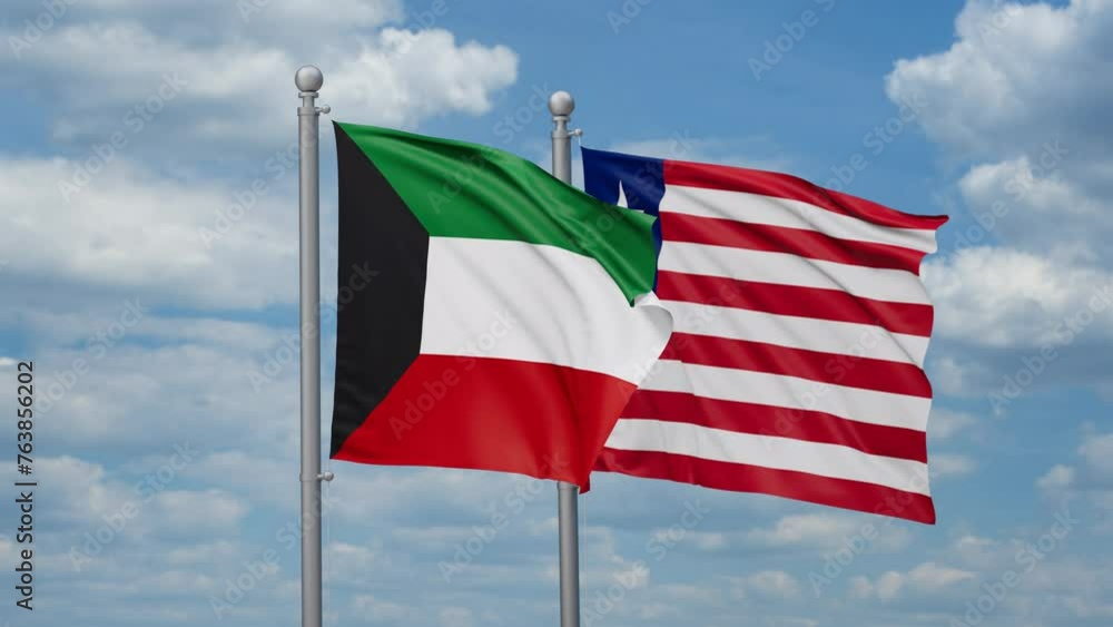 Liberia and Kuwait two flags waving together, looped video, two country cooperation concept Liberia and Kuwait two flags waving together, looped video, two country cooperation concept