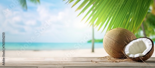 Coconuts on a wooden table with a beach background