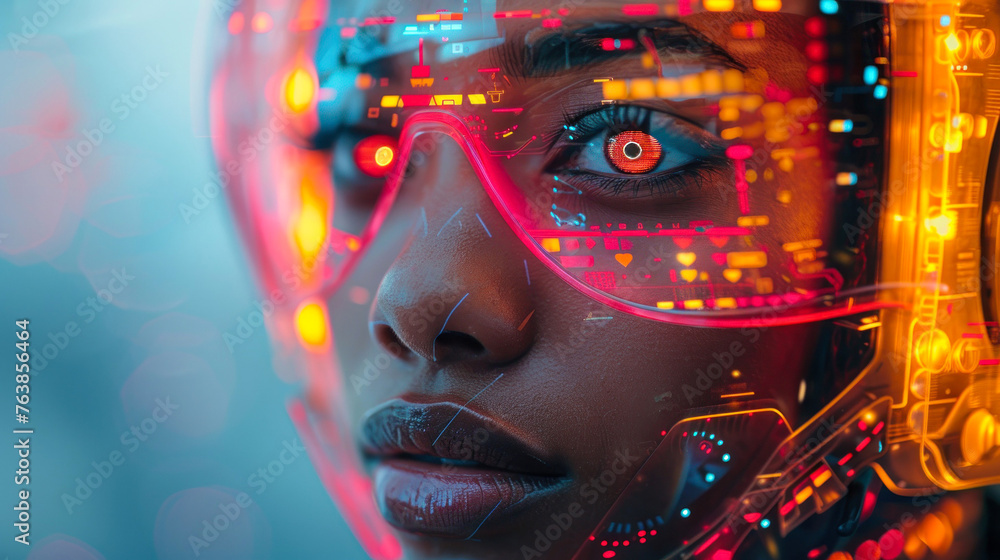Striking visual of a woman's face with a holographic eye interface, symbolizing advanced technology and AI