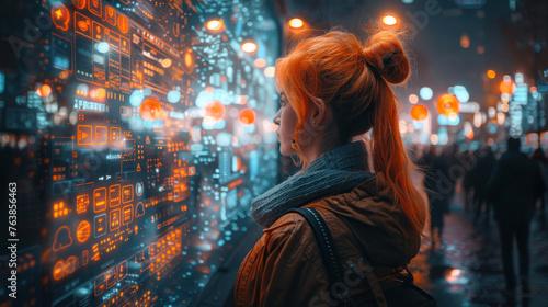 A woman stands immersed in a brightly digitized environment, suggesting themes of connectivity and future cities