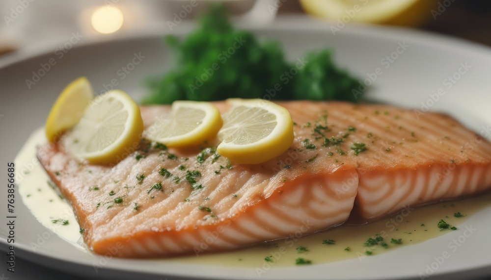 view of salmon sole meuniere with lemon. fillet of red fish. steak trout fried with butter, lemon view of salmon sole meuniere with lemon. fillet of red fish. steak trout fried with butter, lemon