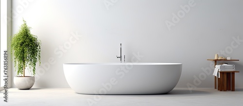 There is a white bathtub situated in a bathroom adjacent to a window