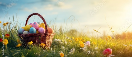 A basket filled with eggs among blooming flowers