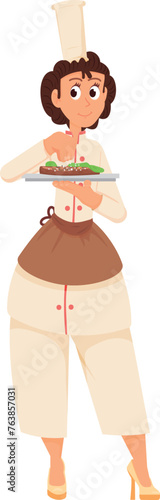 Woman chef seasoning dish. Cartoon cooking character