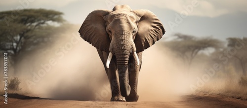 Large elephant walking dusty road with tusks