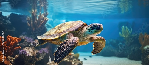 Turtle swimming among corals and fish in the sea © Ilgun