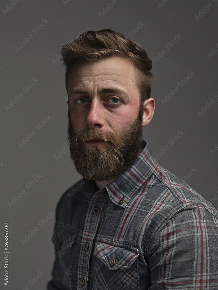 Fototapeta premium A portrait of a somber-looking bearded man in a plaid shirt against a neutral background, exuding a thoughtful and introspective mood