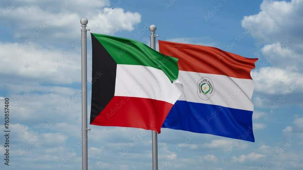Paraguay and Kuwait two flags waving together, looped video, two country relations concept Paraguay and Kuwait two flags waving together, looped video, two country relations concept