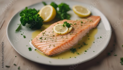  view of salmon sole meuniere with lemon. fillet of red fish. steak trout fried with butter, lemon 