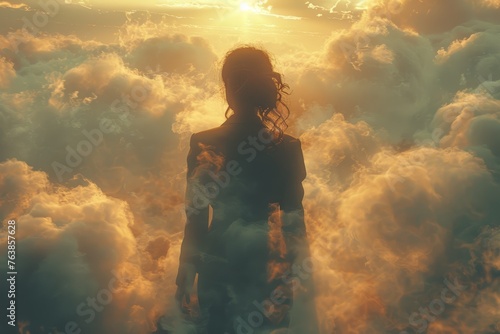 Cinematic grandeur as a businesswoman strides through billowing clouds  smoke swirling around her in a mesmerizing display.