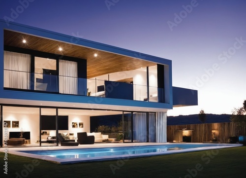 a large modern house with a pool in the yard at night time © Arhitercture