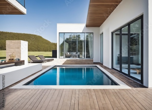 a pool in a house with a wooden deck and a glass wall that overlooks the mountains 