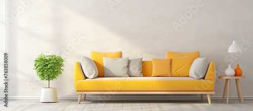 A yellow sofa with cushions and a potted plant in a white room