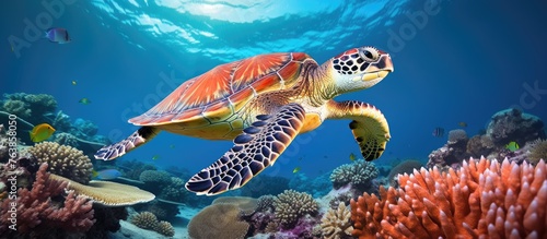 A turtle swimming among coral reefs in the ocean