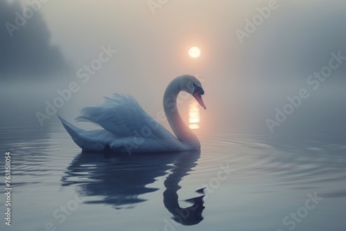 At daybreak, a swan floating on the water.