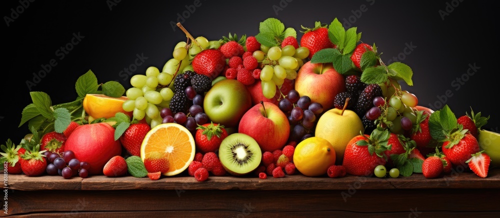 A pile of assorted fruits on a wooden table A pile of assorted fruits on a wooden table