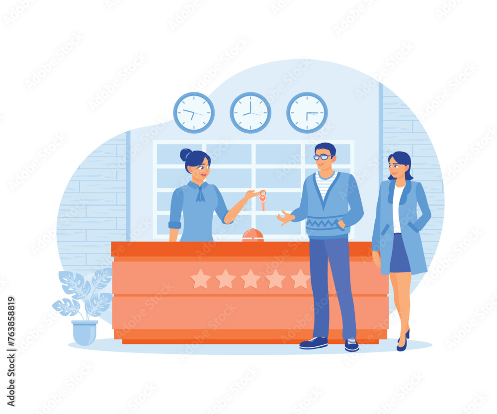 The tourist is talking to the receptionist. The receptionist gives the hotel guests the keys. Hotel Receptionist concept. Flat vector illustration.