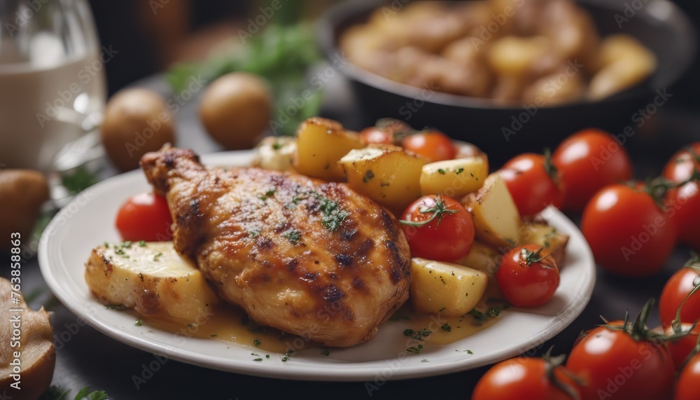 view of side view of baked chicken meat with cheese grilled potatoes and tomatoes 