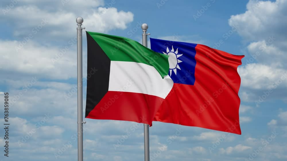 Taiwan and Kuwait two flags waving together, looped video, two country cooperation concept Taiwan and Kuwait two flags waving together, looped video, two country cooperation concept