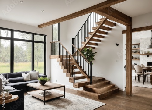 home interior design of modern living room with wooden staircase. © Arhitercture