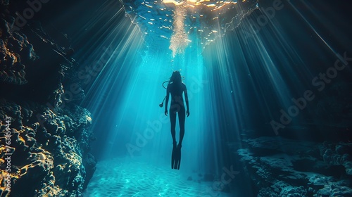 Underwater divers explore caves and blue water landscapes with sun rays photo
