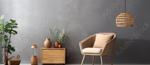 A gray room with a chair, table and plants photo