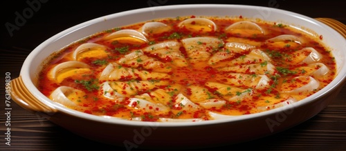 A bowl of soup with clams and tomatoes close up